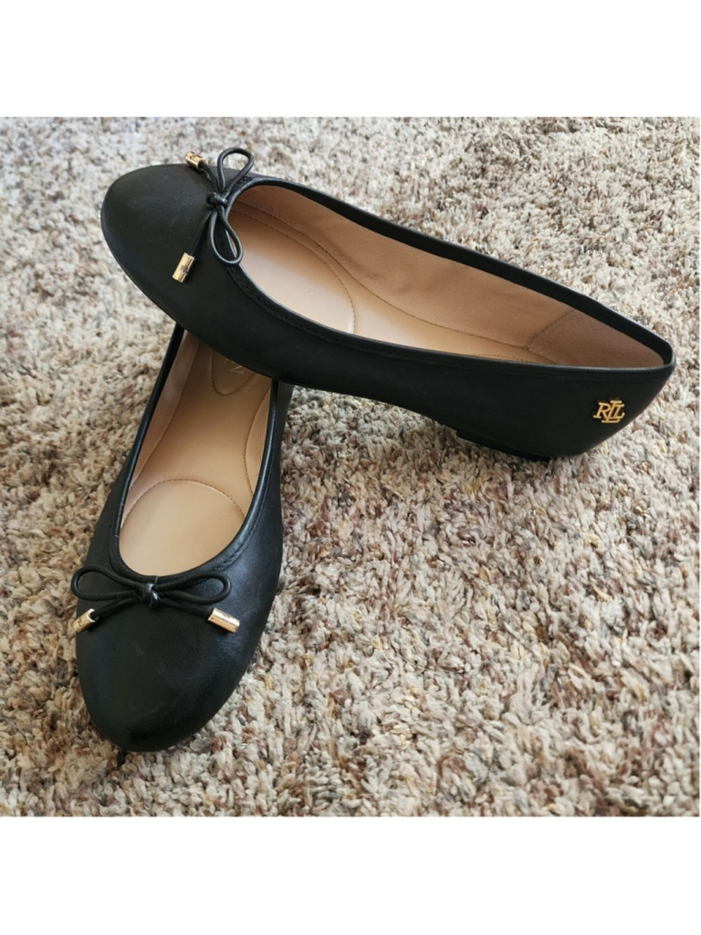 Lauren Ralph Lauren Black Bow Ballet Flats with Gold Accents